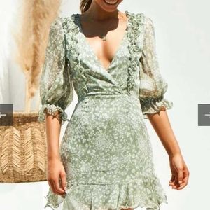 Selfie Leslie Misty Half Puff Sleeve Ruffle Detail Dress Olive